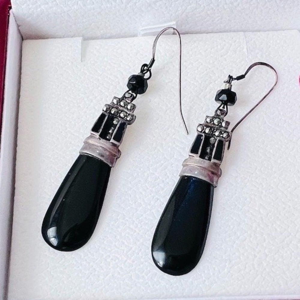 Vtg 925 Sterling Silver Black Onyx Teardrop Dangle Earrings Marcasite Art Deco